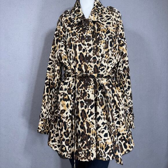Appraisal Y2K Retro Big Button Leopard Print Trench Coat Jacket XL Bold Mob Wife - Picture 1 of 8